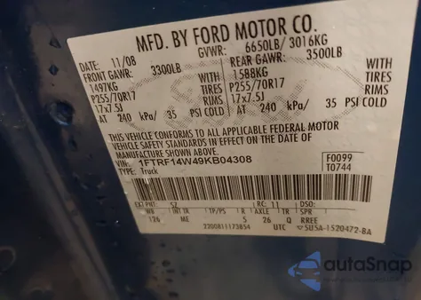 2009 Ford F-150 Stx/Xl/Xlt from USA, damaged, VIN 1FTRF14W49KB04308